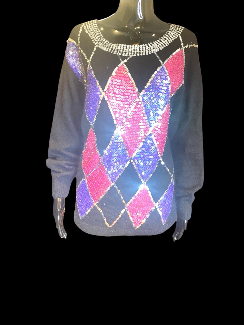 IB Diffusion Embellished Black Crewneck Sweater with Pink & Purple Sequin Argyle